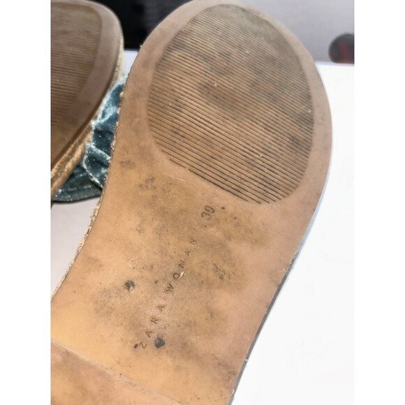 Zara Velvet‎ Bow Sandals Slides Espadrilles 39 Blue Teal  Open Toe Boho Classic - Picture 7 of 7